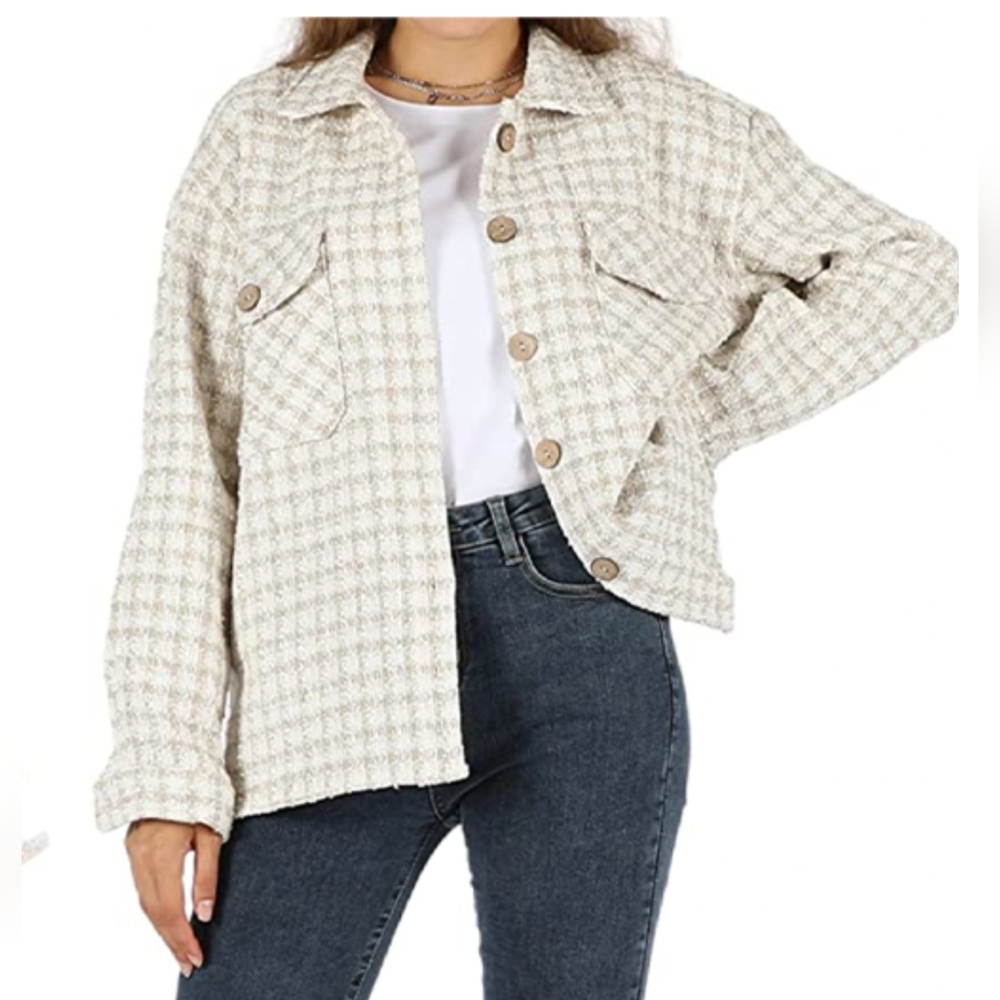 SHEIN Cream Plaid Blazer Jacket
